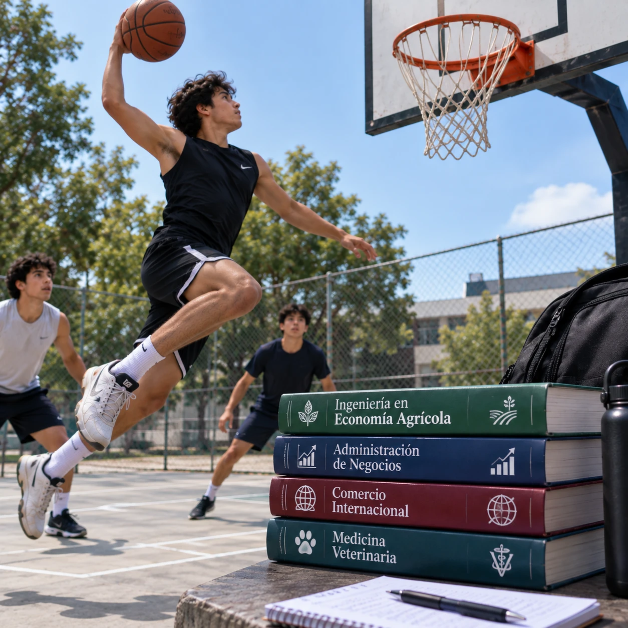 Jóvenes jugando basquetbol en cancha comunitaria